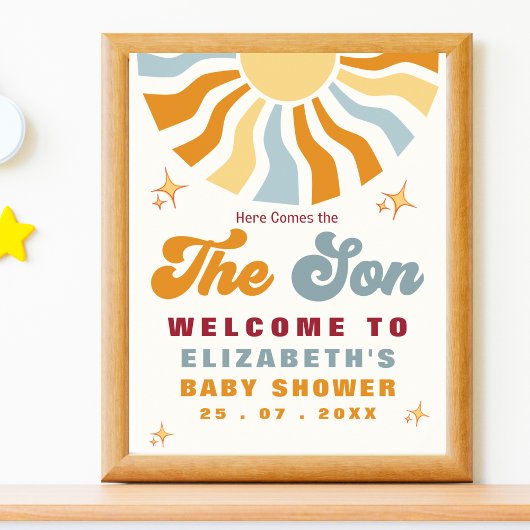 Here come the son - Retro Sun Baby Shower Poster