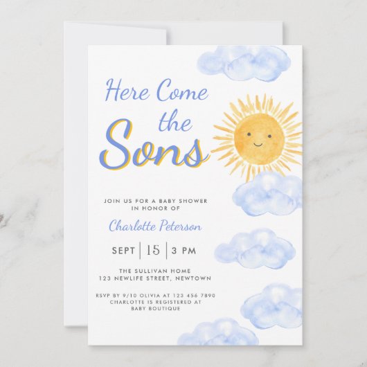 Here Come The Sons Twin Boys Baby Shower Kaart (Voorkant)