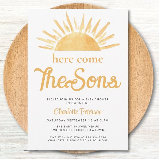 Here Come The Sons Twin Boy's Baby Shower Kaart