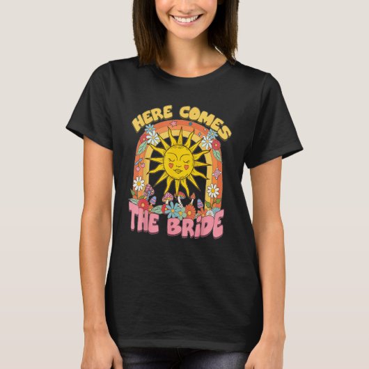 Here Comes Bride Groovy Retro 70s Bachelorette Par T-shirt (Voorkant)