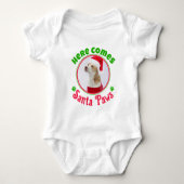 Here Comes Santa Paws Kersthond Foto Rood Groen Romper (Voorkant)