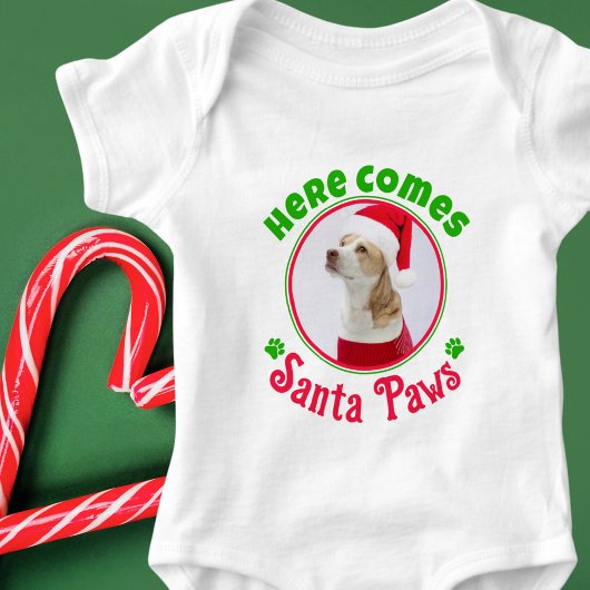 Here Comes Santa Paws Kersthond Foto Rood Groen Romper