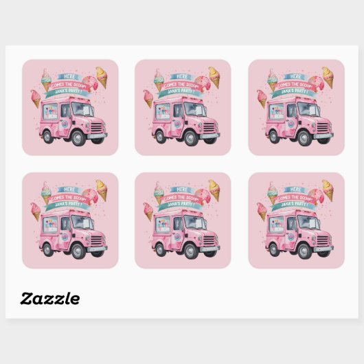 Here Comes the Scoop! Pink Ice Cream Truck Vierkante Sticker (Vel)