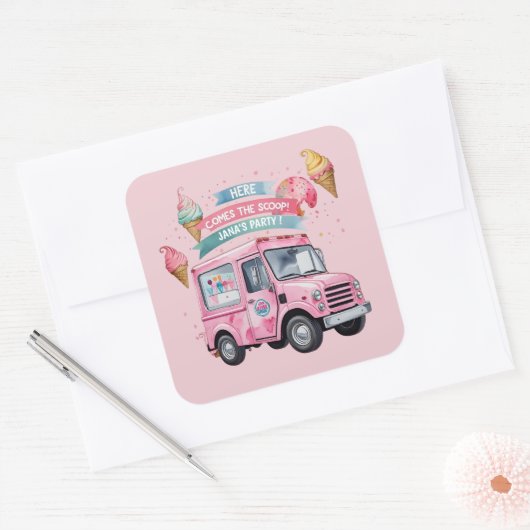Here Comes the Scoop! Pink Ice Cream Truck  Vierkante Sticker (Envelop)