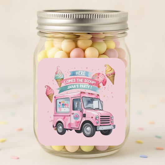 Here Comes the Scoop! Pink Ice Cream Truck  Vierkante Sticker