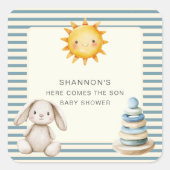Here Comes the Son Baby Shower Blue Stripe Vierkante Sticker (Voorkant)