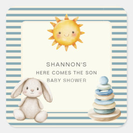 Here Comes the Son Baby Shower Blue Stripe Vierkante Sticker