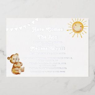Here Comes The Son Beer Baby Shower Zilver Folie Uitnodiging
