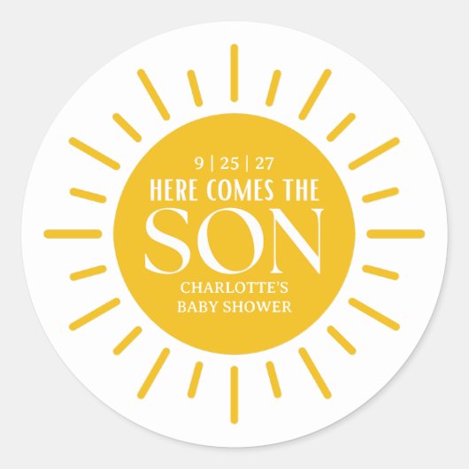Here Comes The Son Boy Baby Shower Ronde Sticker (Voorkant)