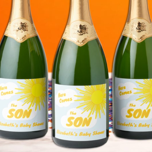 Here Comes The Son Boy Baby Shower Sparkling Wijnetiket