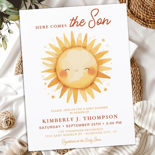 Here Comes The Son Cute Sunshine Boy Baby Shower Uitnodiging Briefkaart
