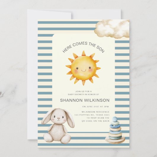 Here comes the son QR code stripes baby shower Kaart (Voorkant)