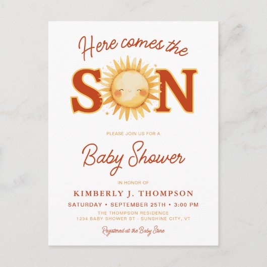 Here Comes The Son Sunshine Boho Boy Baby Shower Uitnodiging Briefkaart (Voorkant)