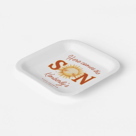 Here Comes The Son Sunshine Boho Cute Baby Shower Papieren Bordje (Gebogen)