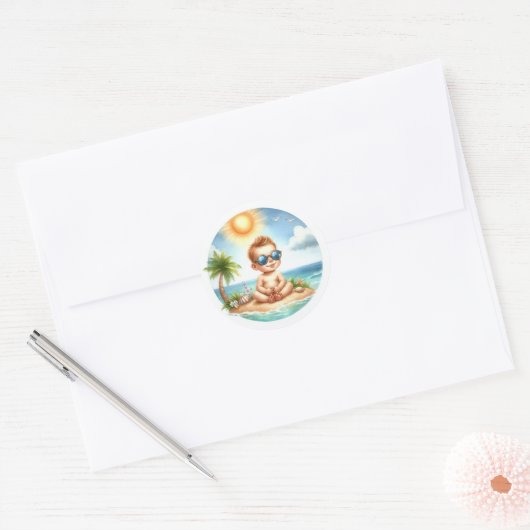 Here Comes the Son Tropische Baby Shower Ronde Sticker (Envelop)