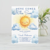 Here comes the son Watercolor Baby boy shower Kaart (Staand voorkant)