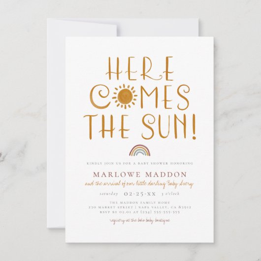 Here Comes The Sun | Boho Rainbow Baby Shower Kaart (Voorkant)