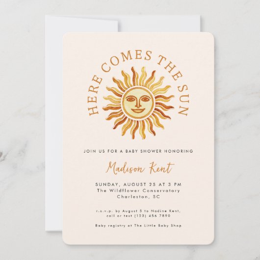 Here Comes the Sun Modern Boho Sun Baby Shower Kaart (Voorkant)