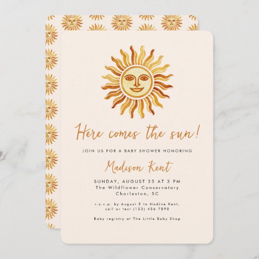Here Comes the Sun Modern Boho Sun Baby Shower Kaart (Voorkant / Achterkant)