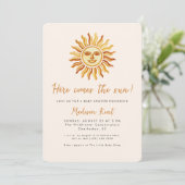 Here Comes the Sun Modern Boho Sun Baby Shower Kaart (Staand voorkant)