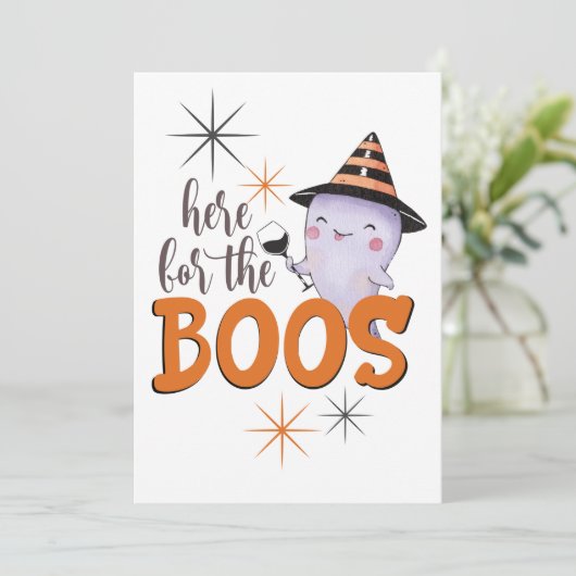 Here For The Boos Cute Ghost With Wine Custom Feestdagenkaart (Staand voorkant)