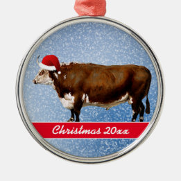 Hereford Bull en Santa Hat Ceramic Ornament