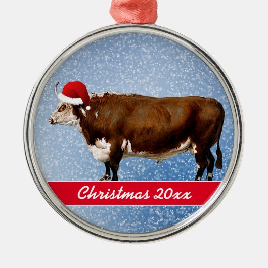 Hereford Bull en Santa Hat Ceramic Ornament (Voorkant)