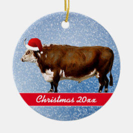 Hereford Bull en Santa Hat Keramisch Ornament