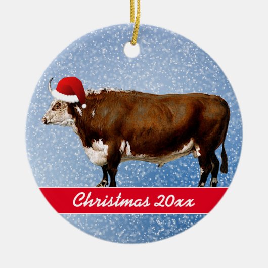 Hereford Bull en Santa Hat Keramisch Ornament (Voorkant)
