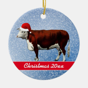 Hereford Cow en Santa Hat Ceramic Ornament