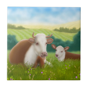 Hereford Cow met Calf Tile Tegeltje