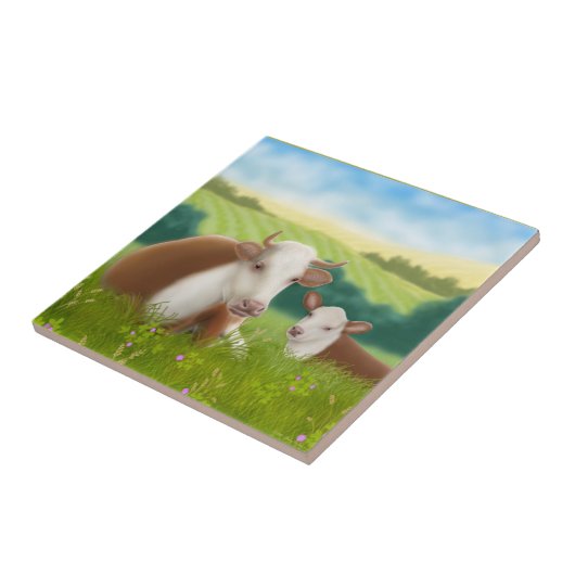 Hereford Cow met Calf Tile Tegeltje (Zijkant)