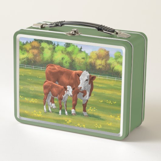 Hereford-Koe en Cute Calf in zomerperiode (Voorkant)
