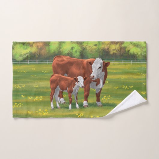 Hereford-Koe en Cute Calf in zomerperiode Bad Handdoek (Handdoek)