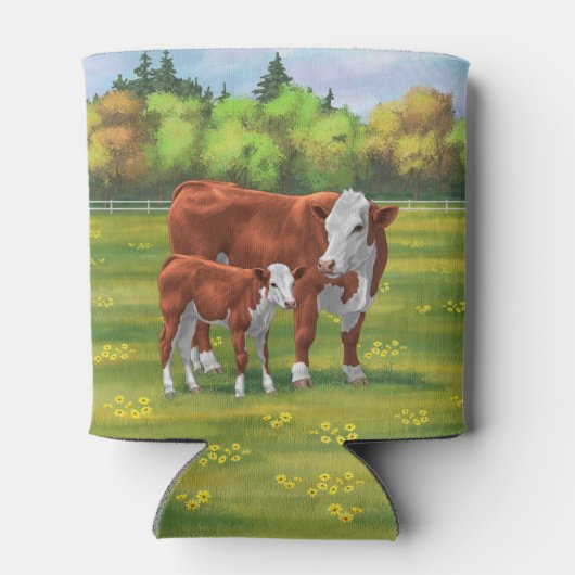 Hereford-Koe en Cute Calf in zomerperiode Blikjeskoeler (Achterkant)