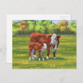 Hereford-Koe en Cute Calf in zomerperiode Briefkaart (Voorkant / Achterkant)
