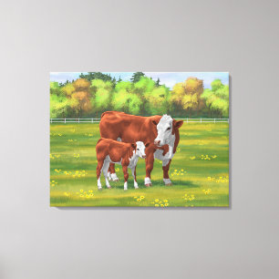 Hereford-Koe en Cute Calf in zomerperiode Canvas Afdruk