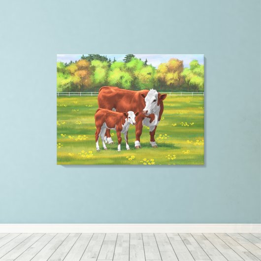 Hereford-Koe en Cute Calf in zomerperiode Canvas Afdruk (Insitu (Houten vloer))