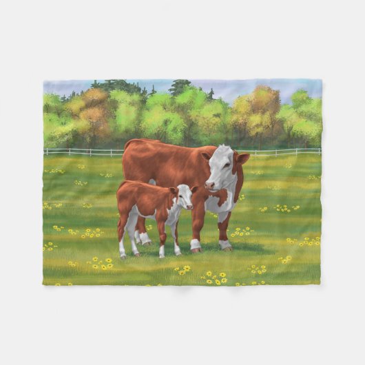 Hereford-Koe en Cute Calf in zomerperiode Fleece Deken (Voorkant (Horizontaal))