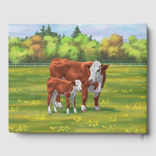 Hereford-Koe en Cute Calf in zomerperiode Gastenboek (Achterkant)