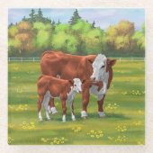 Hereford-Koe en Cute Calf in zomerperiode Glazen Onderzetter (Voorkant)