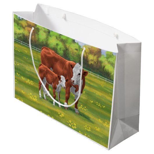 Hereford-Koe en Cute Calf in zomerperiode Groot Cadeauzakje (Achterkant Gekanteld)