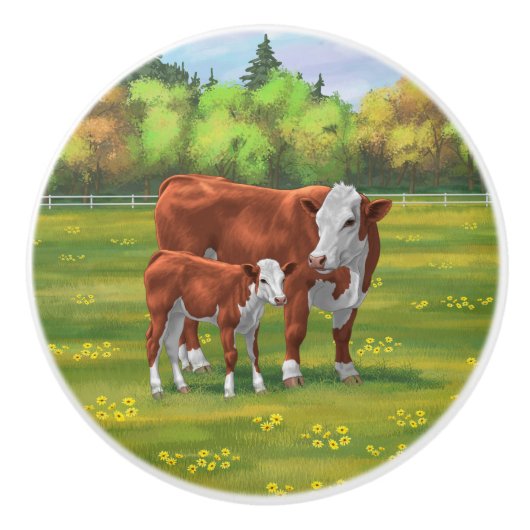 Hereford-Koe en Cute Calf in zomerperiode Keramische Knop (Voorkant)