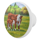 Hereford-Koe en Cute Calf in zomerperiode Keramische Knop (Rechts)