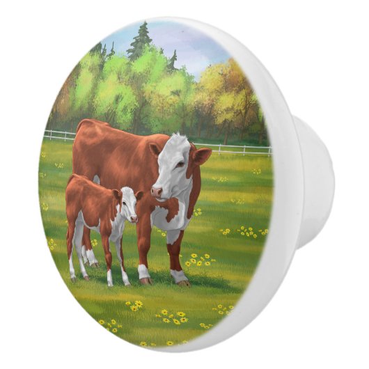 Hereford-Koe en Cute Calf in zomerperiode Keramische Knop (Rechts)