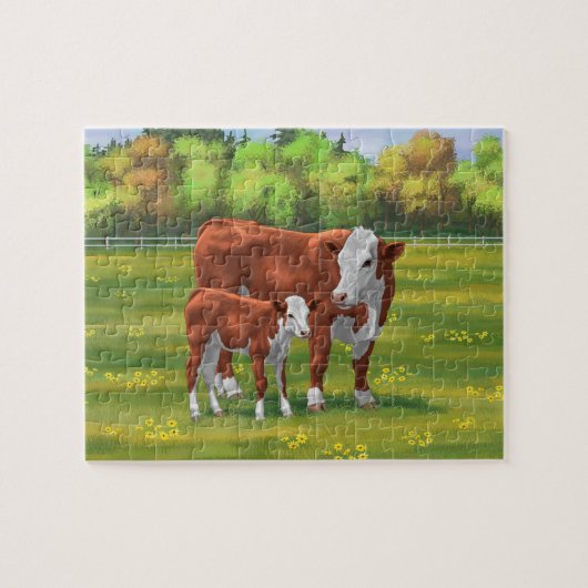 Hereford-Koe en Cute Calf in zomerperiode Legpuzzel (Horizontaal)