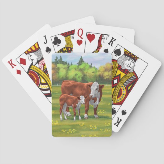 Hereford-Koe en Cute Calf in zomerperiode Pokerkaarten (Achterkant)