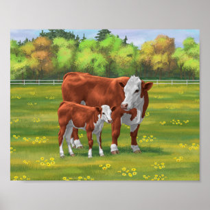 Hereford-Koe en Cute Calf in zomerperiode Poster