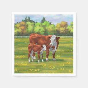 Hereford-Koe en Cute Calf in zomerperiode Servet