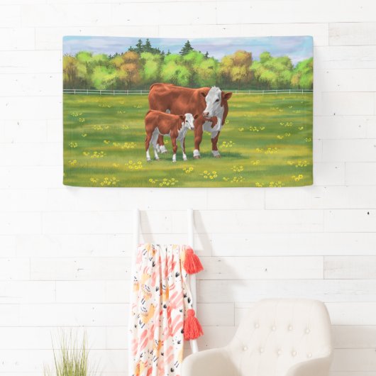 Hereford-Koe en Cute Calf in zomerperiode Spandoek (Insitu)